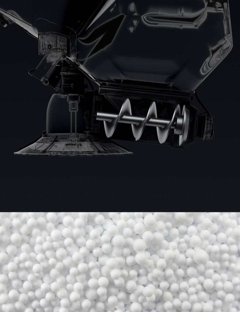 DJI Agras T100 dari PT Berkah Tirta Wahana dilengkapi Extra-Large Feeder yang cocok untuk granula seperti bibit gandum, fungisida, pakan ikan, dll.